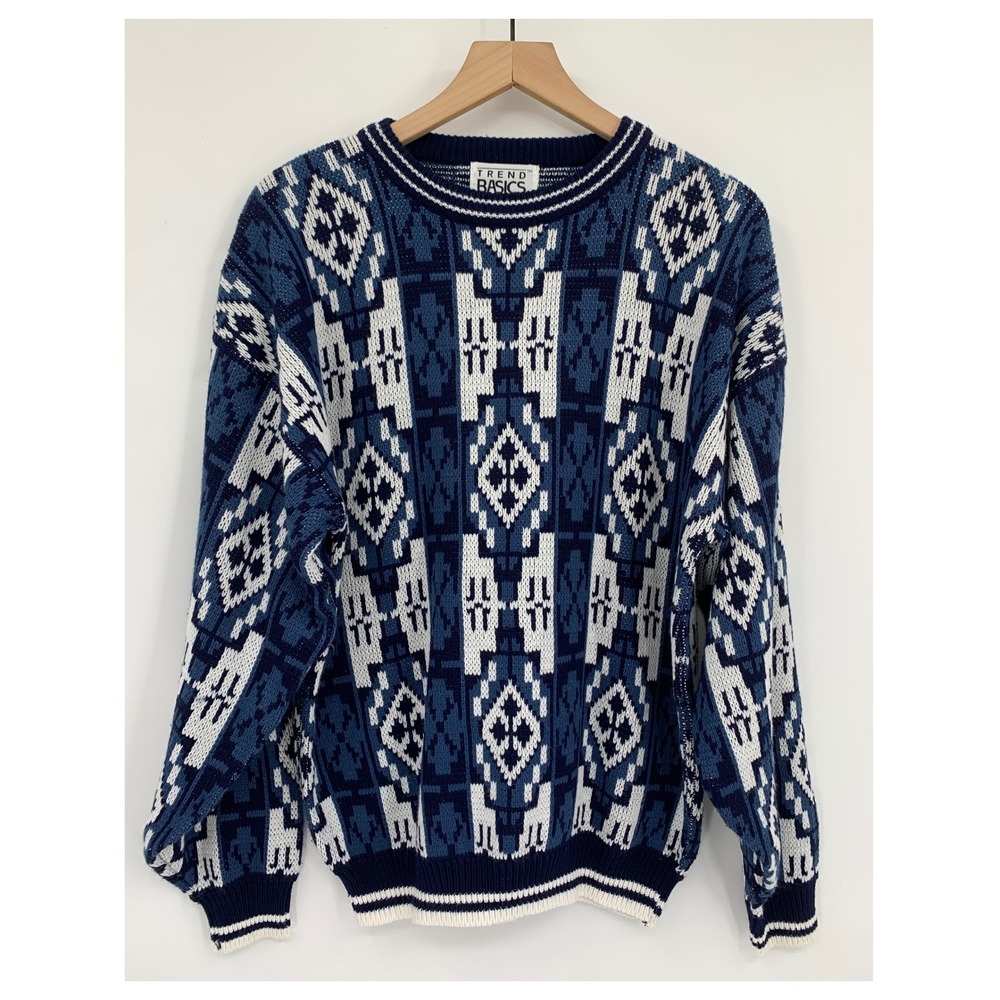 Vintage 80s Cosby Sweater Mens Large Blue Trend Basics Geometric Knit Crewneck